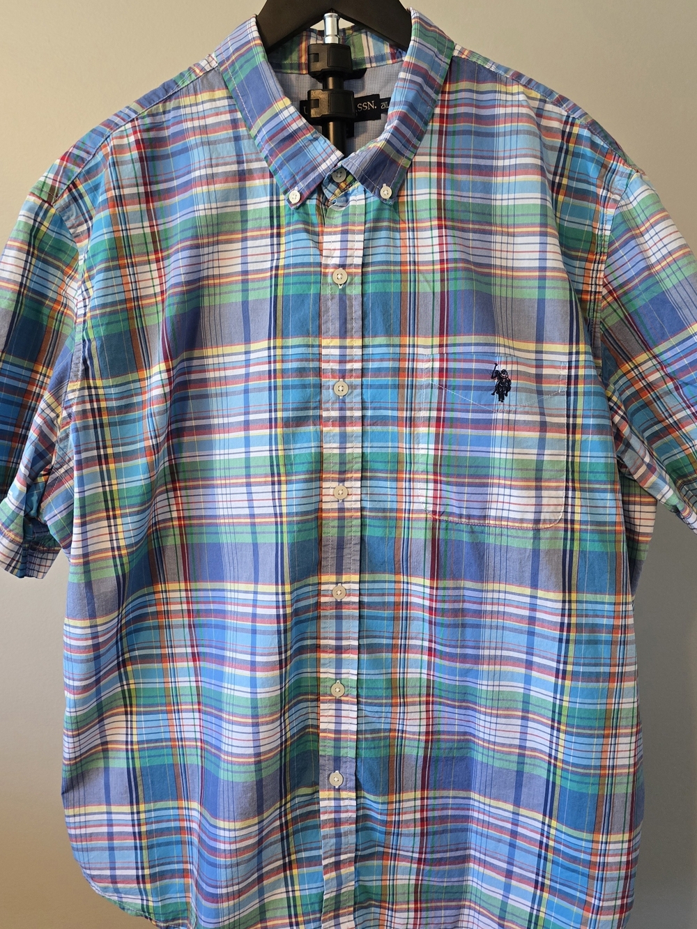 Men's Polo Blue & Green Plaid Button-Down Shirt 2XL